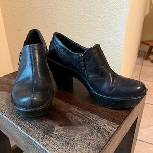 Black leather comfort heels